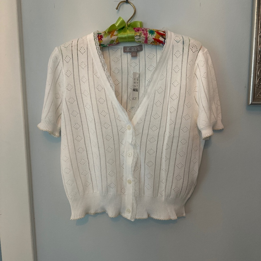 NWT J Crew Pointelle White Short Sleeve Cardigan. Size Small